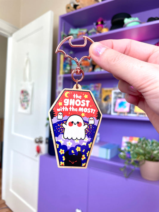 the ghost with the most! wooden keychain
