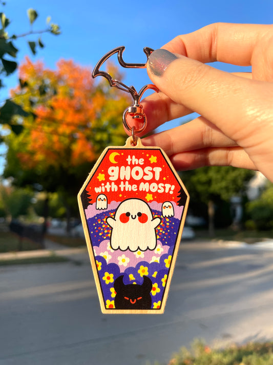 the ghost with the most! wooden keychain